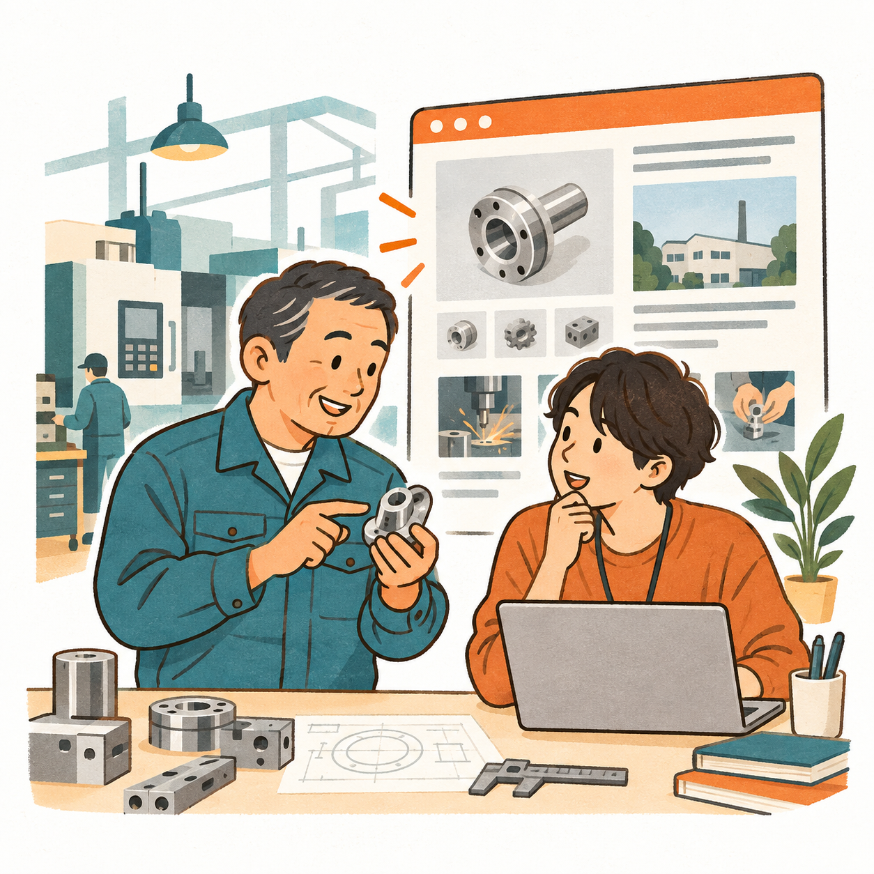 技術を見せながら話す工場の人と制作者
