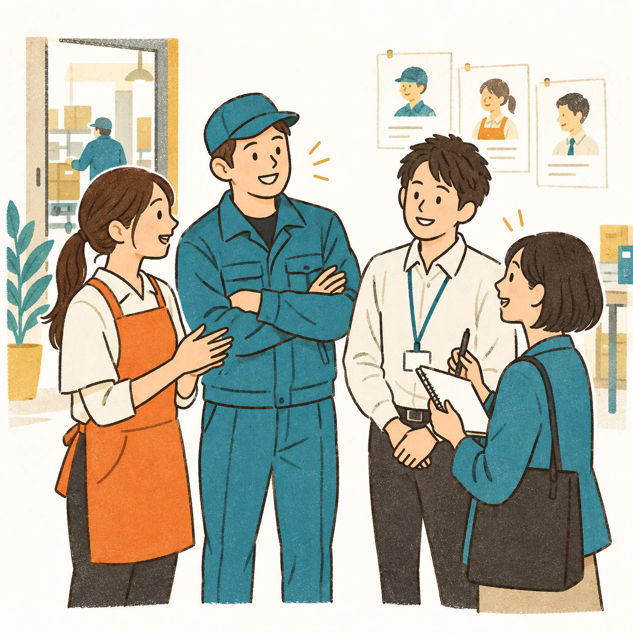 職場の仲間と話を聞く制作者